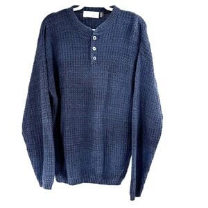 Vintage Bill Blass Fisherman Henley Sweater Men's Large Chunky Knit Blue USA
